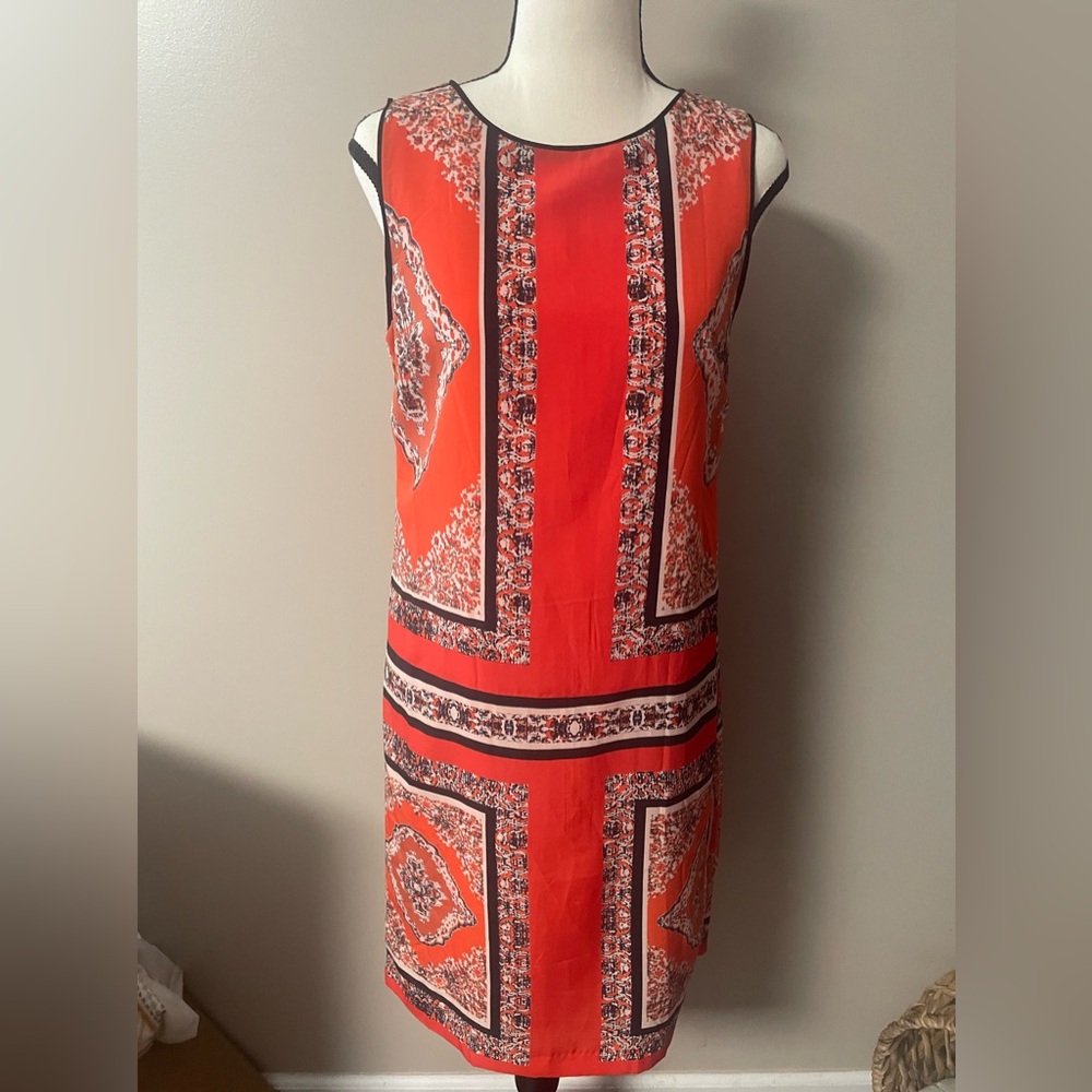 Carmen Marc Valvo | Orange Handkerchief Print Shift Dress Sleeveless size 2